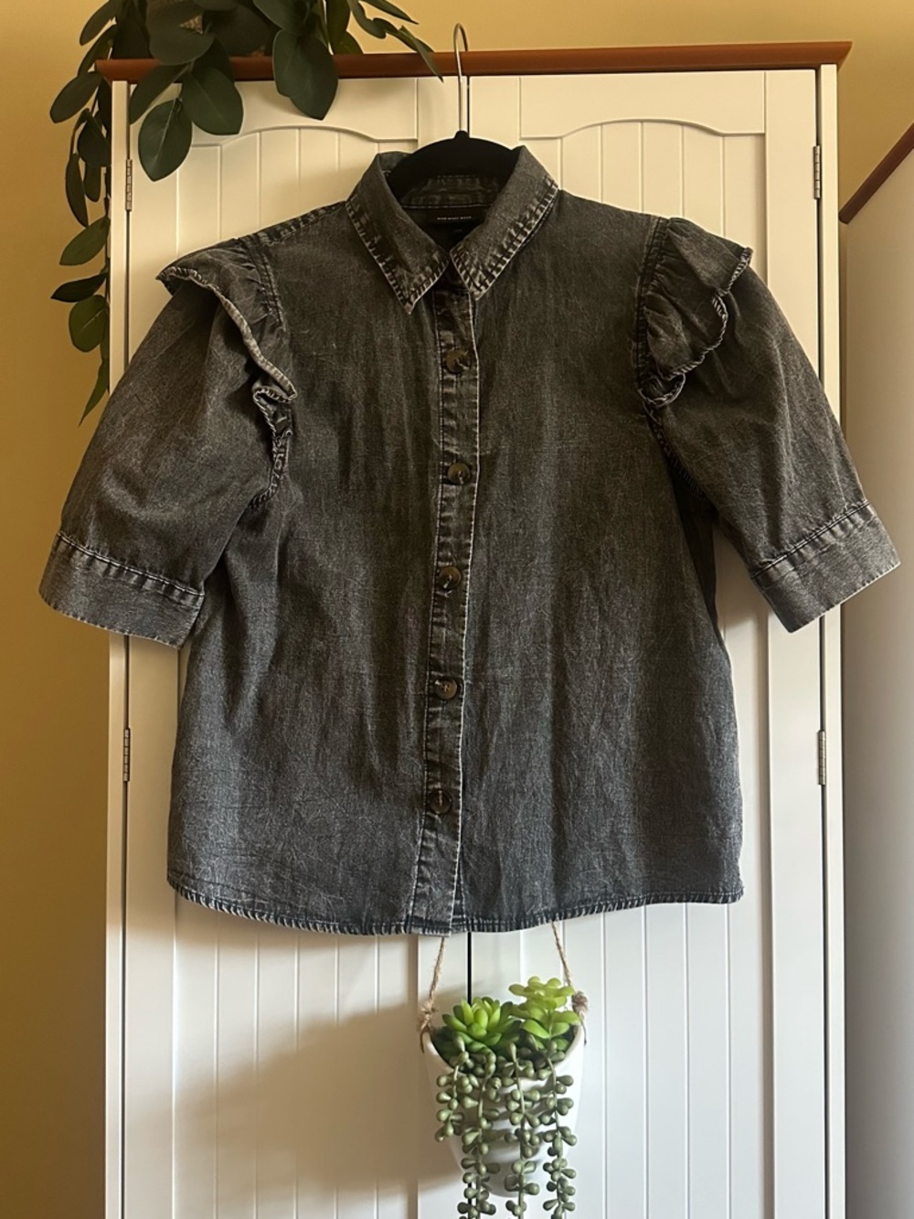 Woman's' Black Denim Ruffle Sleeve Button-Up Shirt
